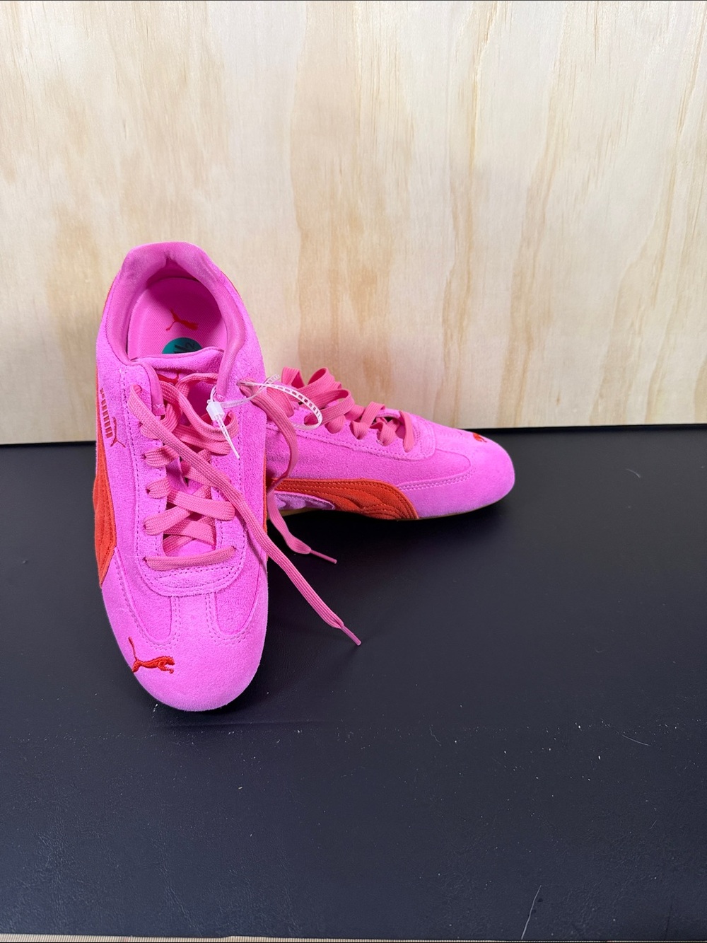 Puma Hot Pink Suede Sneakers with Red Stripe